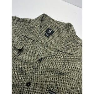 Guess Jeans Shirt Large Gold Rings Short Sleeve Button Up Rayon Open Collar